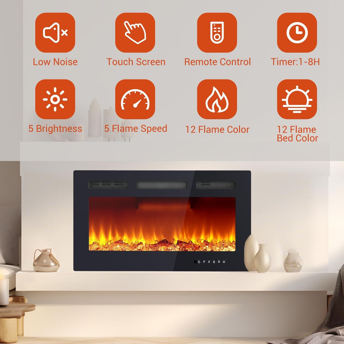 30 Inch Wall-Mounted Electric Fireplace - Adjustable Flame Color & Brightness, Quiet Heater with Overheat Protection - thumbnail 7