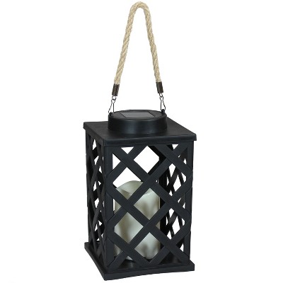 Sunnydaze Outdoor Modern Crosshatch Hanging Tabletop Solar LED Rustic Farmhouse Decorative Candle Lantern - 9"