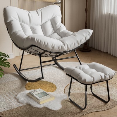 Outdoor Papasan Rocking Chair with Footrest, Oversized Lounge Chair with Ottoman and Sturdy Metal Frame, Patio Balcony Backyard Porch Bedroom, White