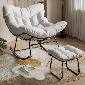 Outdoor Papasan Rocking Chair with Footrest, Oversized Lounge Chair with Ottoman and Sturdy Metal Frame, Patio Balcony Backyard Porch Bedroom, White - 1 of 4