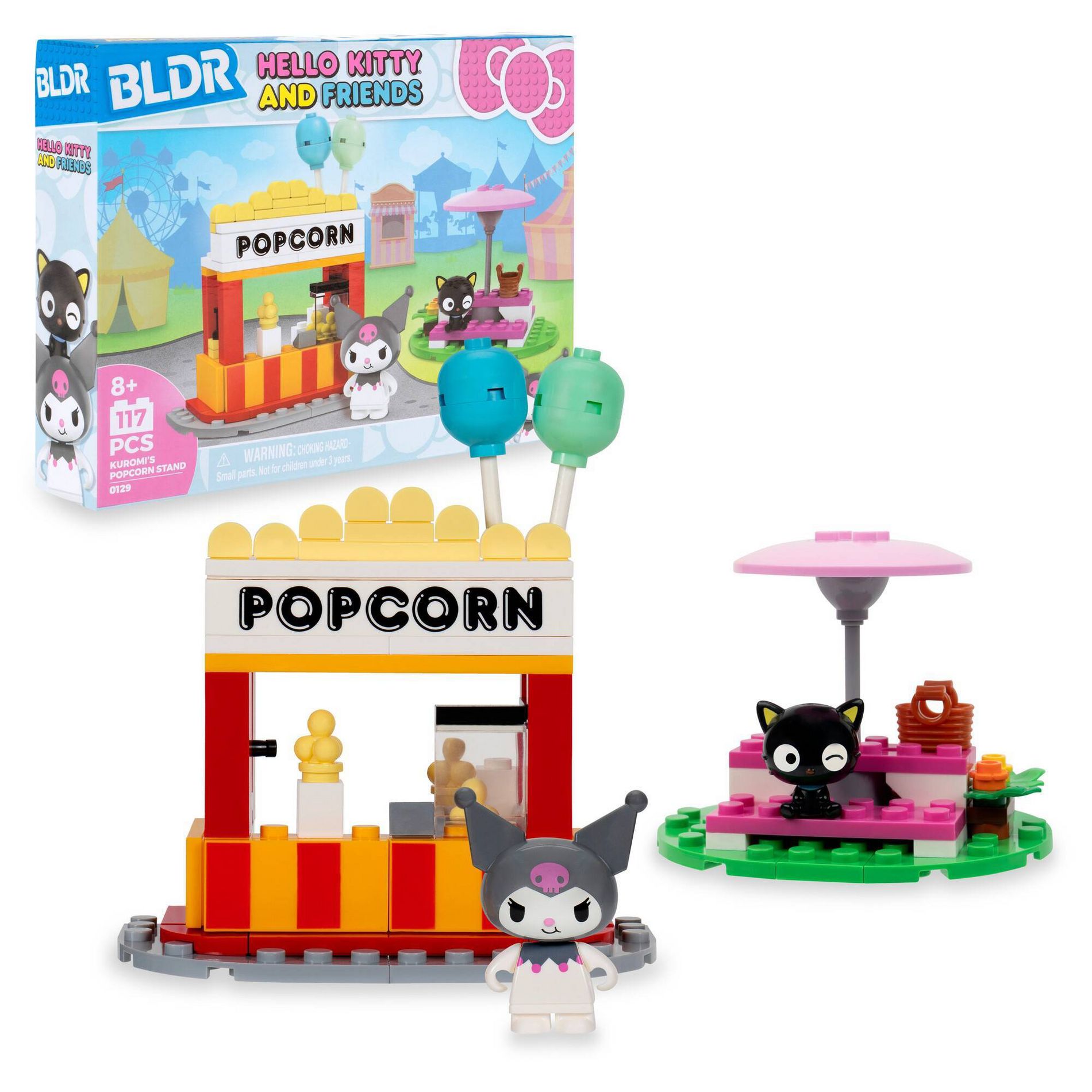 Hello Kitty Small Set & 2.2" Buildable Figure BLDR Sanrio Small Set - Popcorn Booth With Chococat & Kuromi