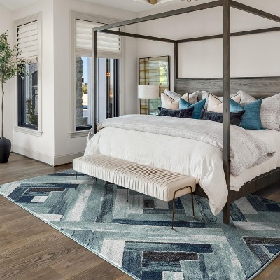Modern Geometric Blue and Gray Synthetic Area Rug