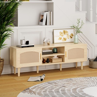 Sevobal Decorative Storage Cabinets, Rattan Mid Century, Living Room TV Cabinet, Cabinet for Kitchen Bedroom, Yellow 53.9*13.8*18.9
