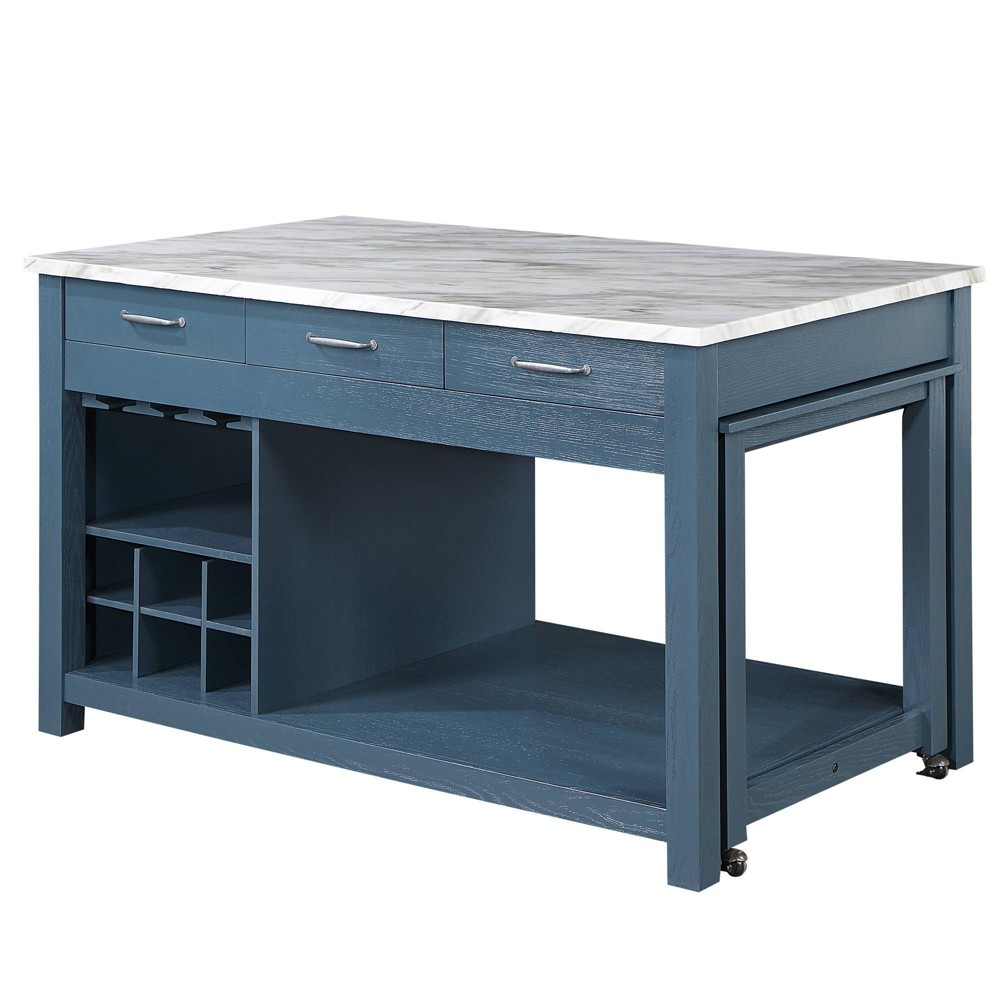 Photos - Kitchen System Fredricke Extendable Kitchen Island with Faux Marble Blue - HOMES: Inside