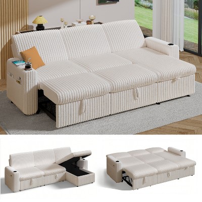 Dyonery 101"  Sectional Sleeper Sofa Bed with Pull Out Bed, Reclining Backrest/Reversible Storage Chaise/USB Ports/Cup Holders, Plush Corduroy