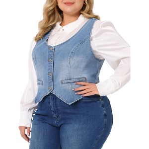Agnes Orinda Women's Plus Size Fashion Retro Sleeveless Button-Up Jean Denim Vests - 1 of 4