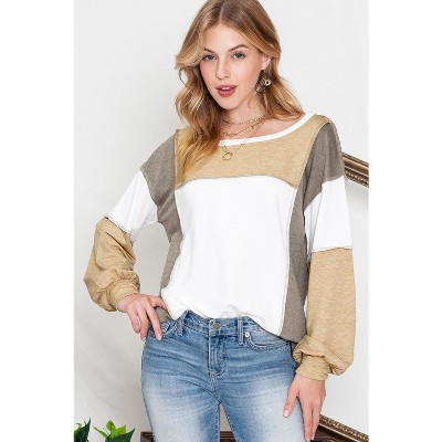 I AM A FASHION JUNKY Khaki Color Block Exposed Seam Long Sleeve Top