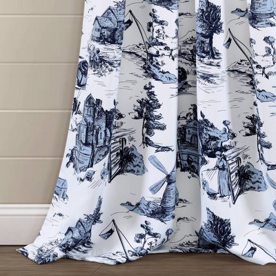 French Country Toile Blue and White Blackout Curtain Panels
