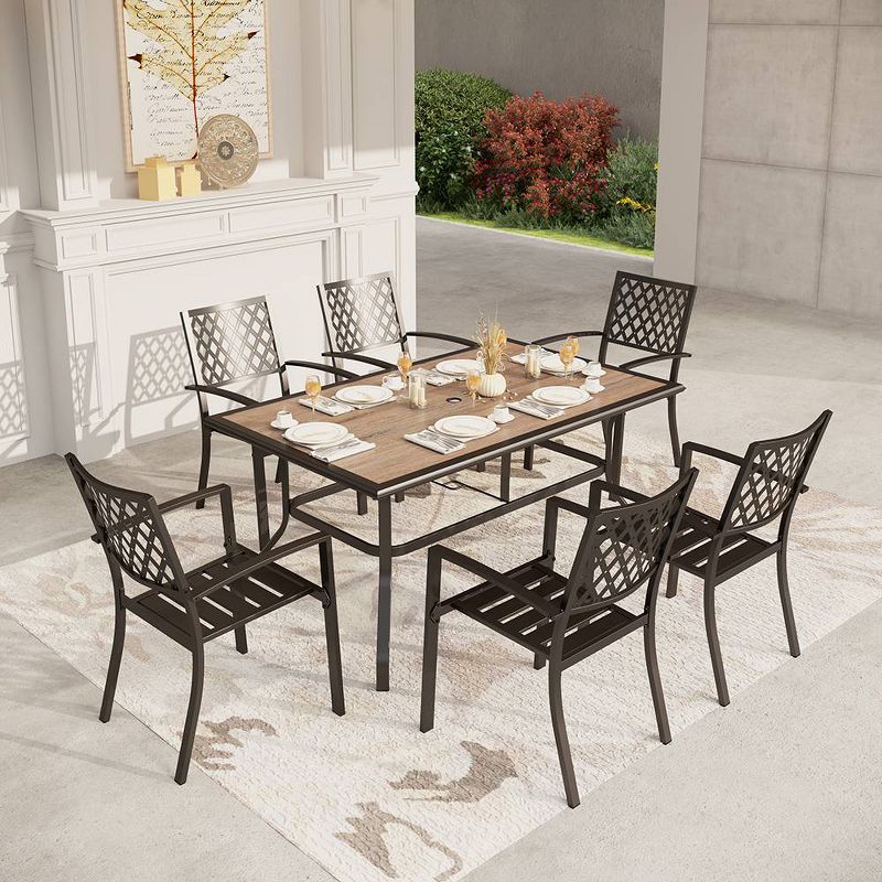 7pc Metal Patio Dining Set with Rectangular Umbrella Table &#38; 6 Stackable Chairs - Captiva Designs, 1 of 10