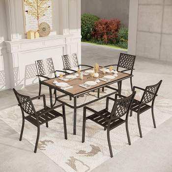 7pc Metal Patio Dining Set with Rectangular Umbrella Table & 6 Stackable Chairs - Captiva Designs