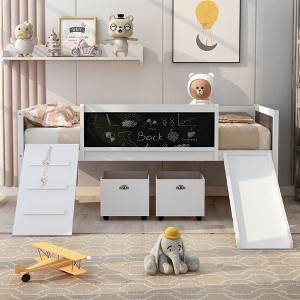 CAVINAS Twin Size Loft Bed with Storage Boxes & Blackboard & Slide,Wooden Bed Frame for Kids Room,Bedroom - 1 of 4