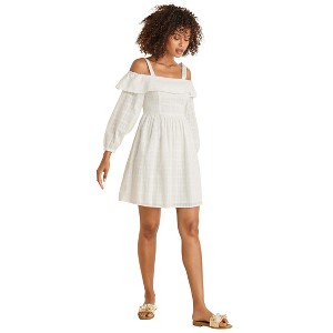 VENUS Womens Cotton Dobby Off Shoulder Mini Dress - 1 of 4