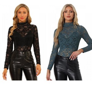INSPIRE CHIC Women's See-Through Long Sleeve Turtleneck Sheer Floral Lace Blouse 2 Packs - 1 of 4