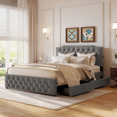 NicBex Queen Upholstered Bed Frame with Linen Tufted Headboard,Platform Bed Frame with 2 Drawers and USB Ports,Easy Assembly,Beige/Gray
