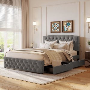 Linen Upholstered Bed with 2 Drawers & Dual USB Ports - Stylish & Functional - 1 of 4