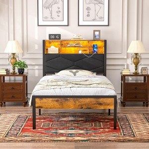 VECELO Upholstered Twin/Full/Queen Size Bed Frame, Metal Frame Platform Bed with Charging Station, Storage Headboard with LED & USB Outlets, Brown - 1 of 4