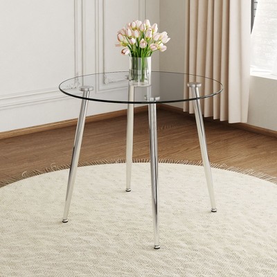 NicBex Round Dining Table Kitchen Table with Glass Top Metal Legs for Living Room, Dining Room, Silver