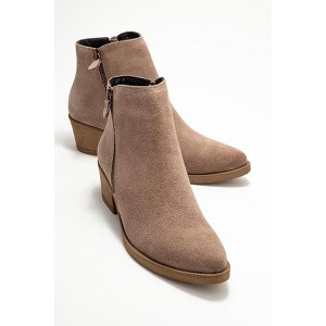 JAYER Light Brown Suede Leather Double-Zip Block Heel Boot (Women) taupe suede 5.5 Forever & Always Shoes US - 1 of 4