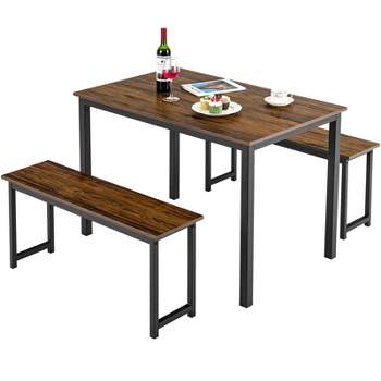 Tangkula 3pcs Dining Table Set for 4 Modern Industrial Counter Height Kitchen Table Set with 2 Benches for Dining Room Natural/Brown