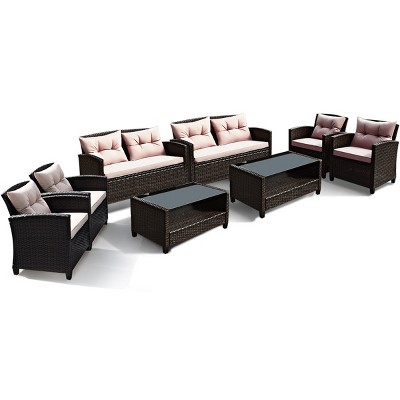 Tangkula 8pcs Outdoor Rattan Sectional Sofa Set w/Cushion Armrest Patio