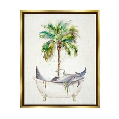 Stupell Industries Tropical Dolphins Bathroom Tub Framed Canvas