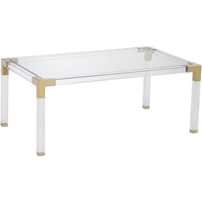 55 Downing Street Modern Cast Acrylic Rectangular Coffee Table 42" x 24" Clear Gold Spaces Living Room Home Entryway House Office