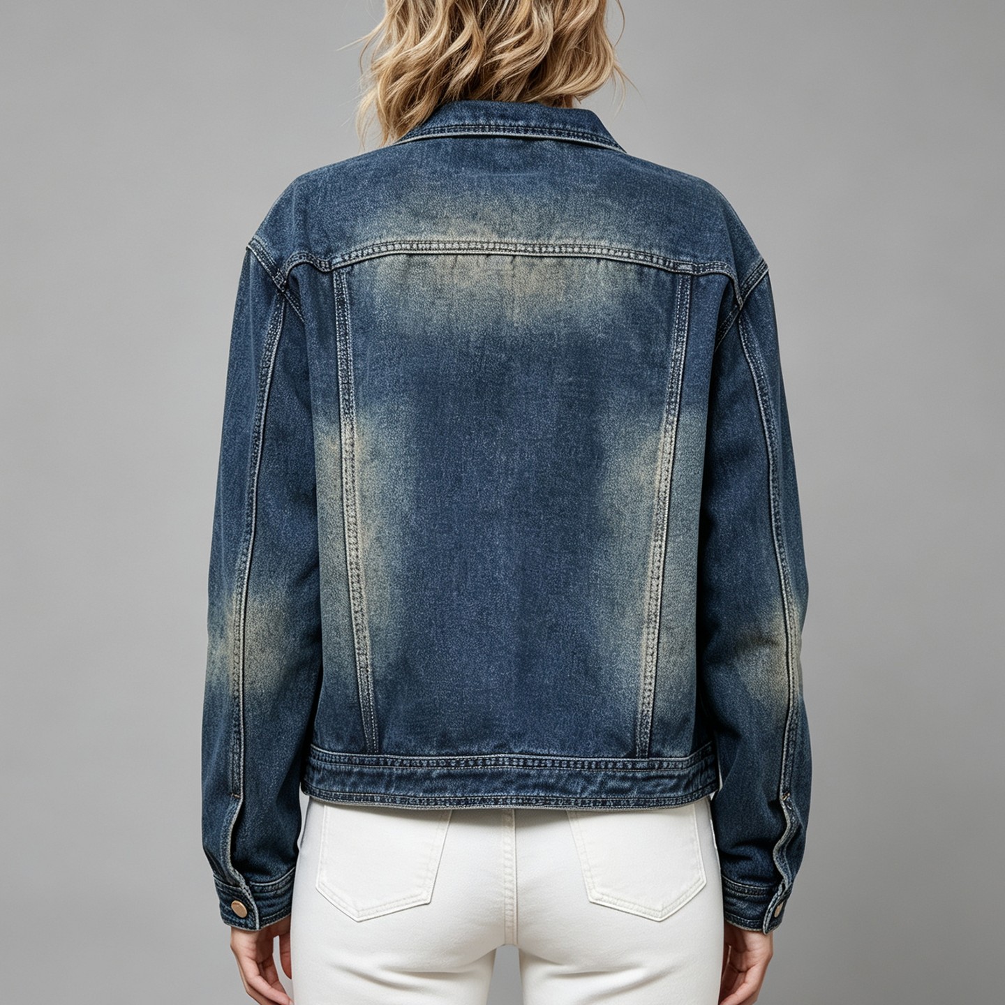 Женская куртка YesFashion Classic Washed Denim Trucker Jacket Lapel Collar Button Front Chest Pocket Jean Outerwear Casual Spring Fall Coat DarkBlue, цвет: Потёртый джинсовый — фото 2