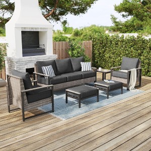 Sonkuki Outdoor Furniture Set Patio Conversation Sofa with Coffee Table Set, All-Weather PE Rattan Couch with Cushion - 1 of 4