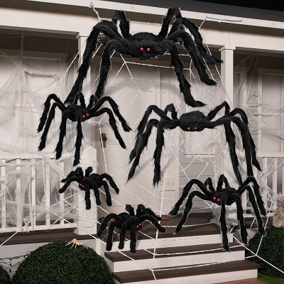 Joyfy 6Pcs Halloween Spider Decoration, Black Hairy Spider Halloween Decorations Outdoor Decor with Red Eyes for Yard Lawn Garden Party Prop