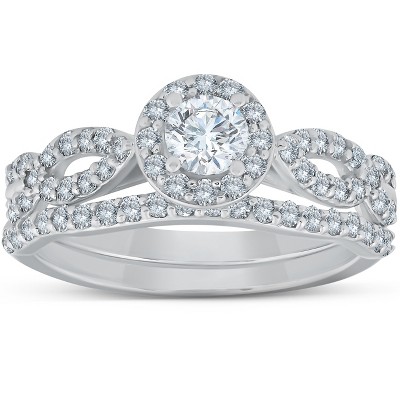 Pompeii3 1 Ct Halo EX3 Lab Created DIamond Engagement Wedding Ring Set 14k White Gold