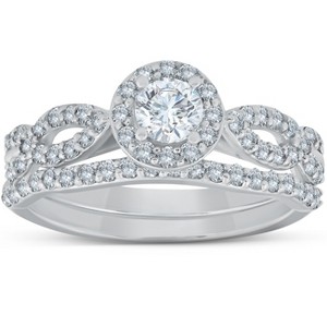 Pompeii3 1 Ct Halo EX3 Lab Created DIamond Engagement Wedding Ring Set 14k White Gold - 1 of 4
