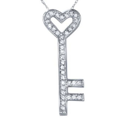 14K White Gold Diamond Locket and Key Necklace