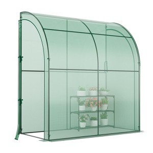 Tangkula Lean-To Walk-In Greenhouse with Flower Rack 7’ x 3.5’ x 7’ Wall Green House with Roll-Up Doors Waterproof PE Cover & Metal Frame - 1 of 4