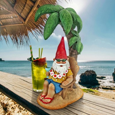 Tropical Beach Comber Gnome with Palm Tree Resin Statue