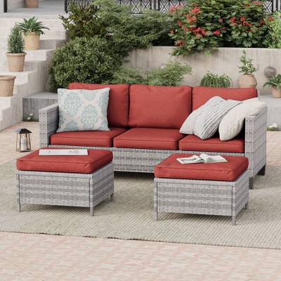 Sonkuki Outdoor 3-Seater Patio Sofa Set Furniture Set Brown/Gray Wicker Rattan with Cushions, Ottomans