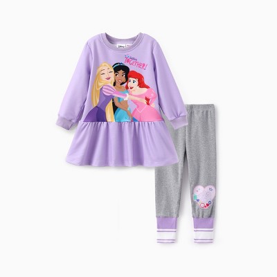 PATPAT Disney Princess Outfits Set for Toddler Girls Ruffle Hem Long-sleeve Tops Stripe Pattern leggings 2PCS
