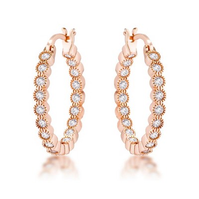 ShineHigh Dotted Clear CZ Round Bezel Hoop Earrings for Women – Mid-Sized 24mm Hoops with Pave CZ in Rose Gold, Gold, or Rhodium-Plated Finish