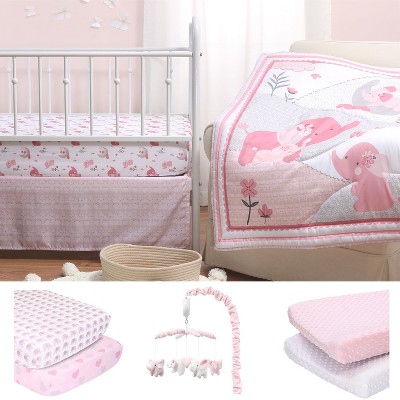 Image of The Peanutshell Pink Elephant Crib Bedding Set, 2 Pk Sheets, 2pk Changing Pad Cover and Crib Mobile -8 Piece Set