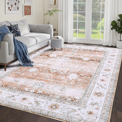 Persian Area Rug Floral Distressed Carpet Machine Washable Area Rug, 8' x 10' Pale Brown