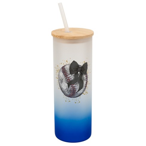 Elanze Designs 25 Ounce Frosted Glass Gradient Travel Tumbler With Straw and Wooden Lid, Baseball With Black Bow Navy Blue - image 1 of 1