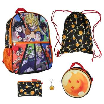 Dragon Ball Z Backpack Lunch Box Drawstring Bag Keychain Pencil Case 5 Pc Set Multicoloured