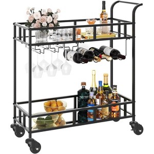 Rolling Bar Cart, 2-Tier with Mirrored Shelves, Wine Rack & Glass Holder, Compact Mobile Bar Cart for Home, Gold Finish - 1 of 4