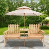 Outsunny Patio Bench, Wood Garden Bench with Center Table & Umbrella Hole, Wooden Outdoor 2 Chair Set, Slatted, Varnished - 2 of 4