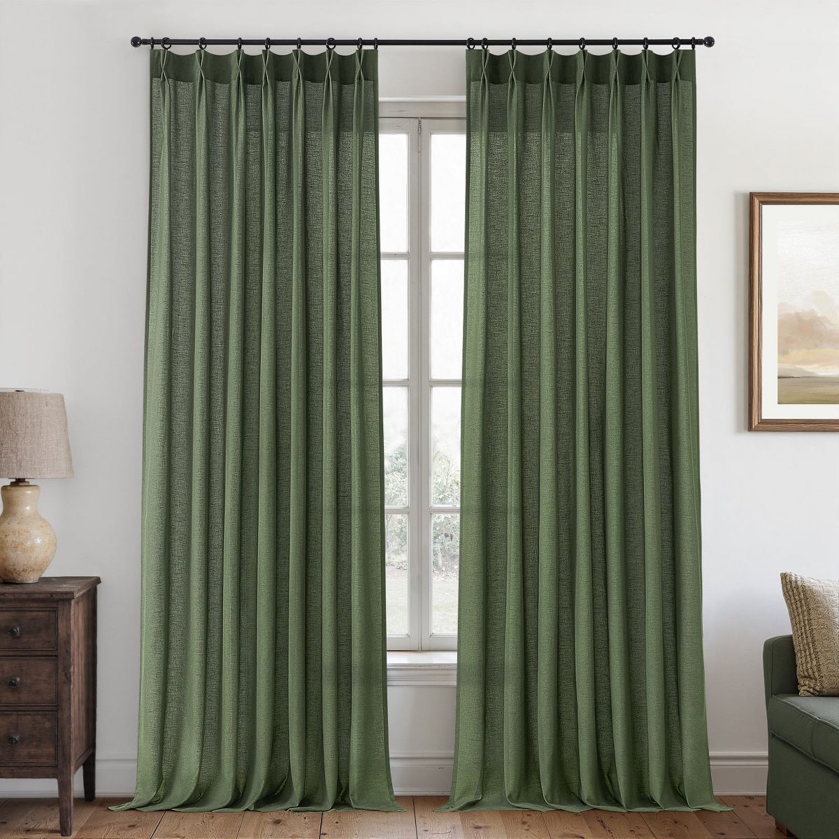 Pleated Linen 108 Inch Curtains, Olive Green - Semi Sheer Light Filtering Pinch Pleat, Set of 2