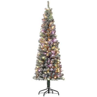 6 ft Pencil Christmas Tree, Pre-Lit Flocked Xmas Tree with Dual Color LED Lights, 429 Tips and Metal Stand
