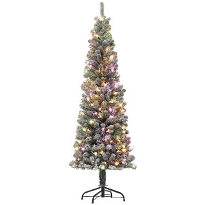 6 ft Pencil Christmas Tree, Pre-Lit Flocked Xmas Tree with Dual Color LED Lights, 429 Tips and Metal Stand - 1 of 4