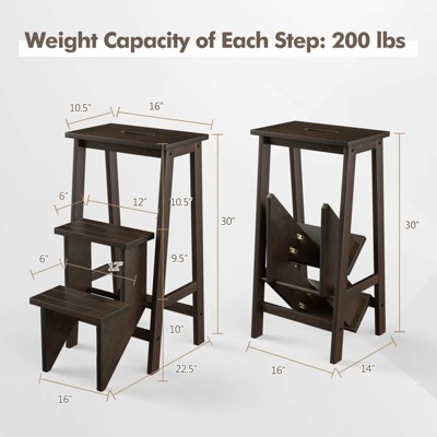 Brown Rubber Wood Foldable 3-Tier Step Stool and Storage Shelf
