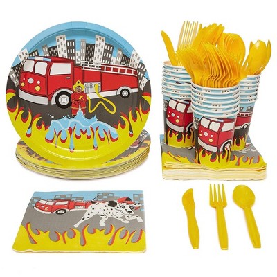 Juvale Fire Truck Party Supplies Paper Plates Cutlery (Set of 24)