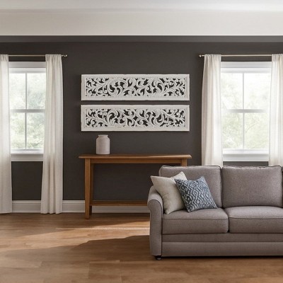 Royal Hampton Carved Wall Art Panel Set of 2, Handcrafted Distressed White Mango Wood, 50 Inch Tall