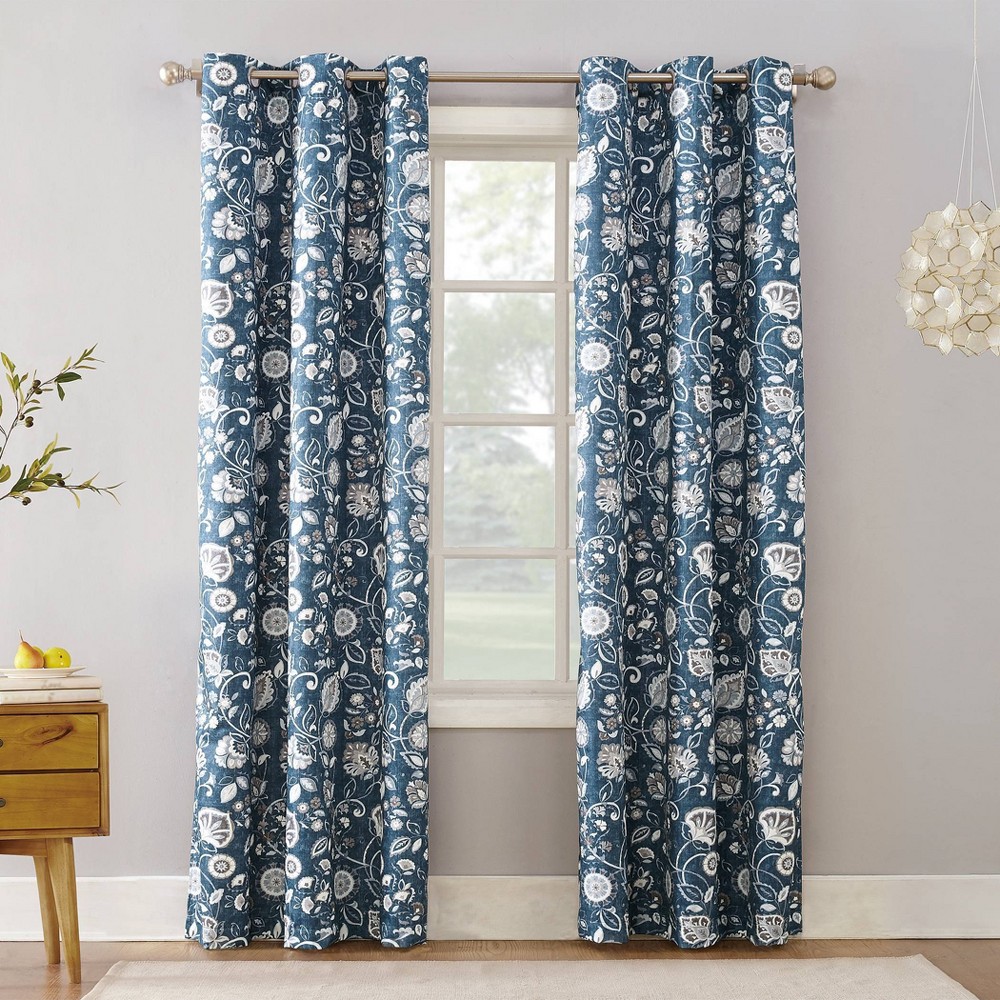 40"x84" Sun Zero Room Darkening Jorah Botanical Thermal Insulated Grommet Curtain Panel Blue: Modern Floral, Energy Efficient
